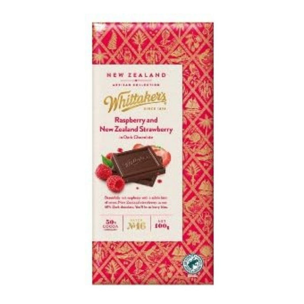 Whittaker's Raspberry and New Zealand Strawberry in Dark Chocolate, 50% Cocoa, 100g