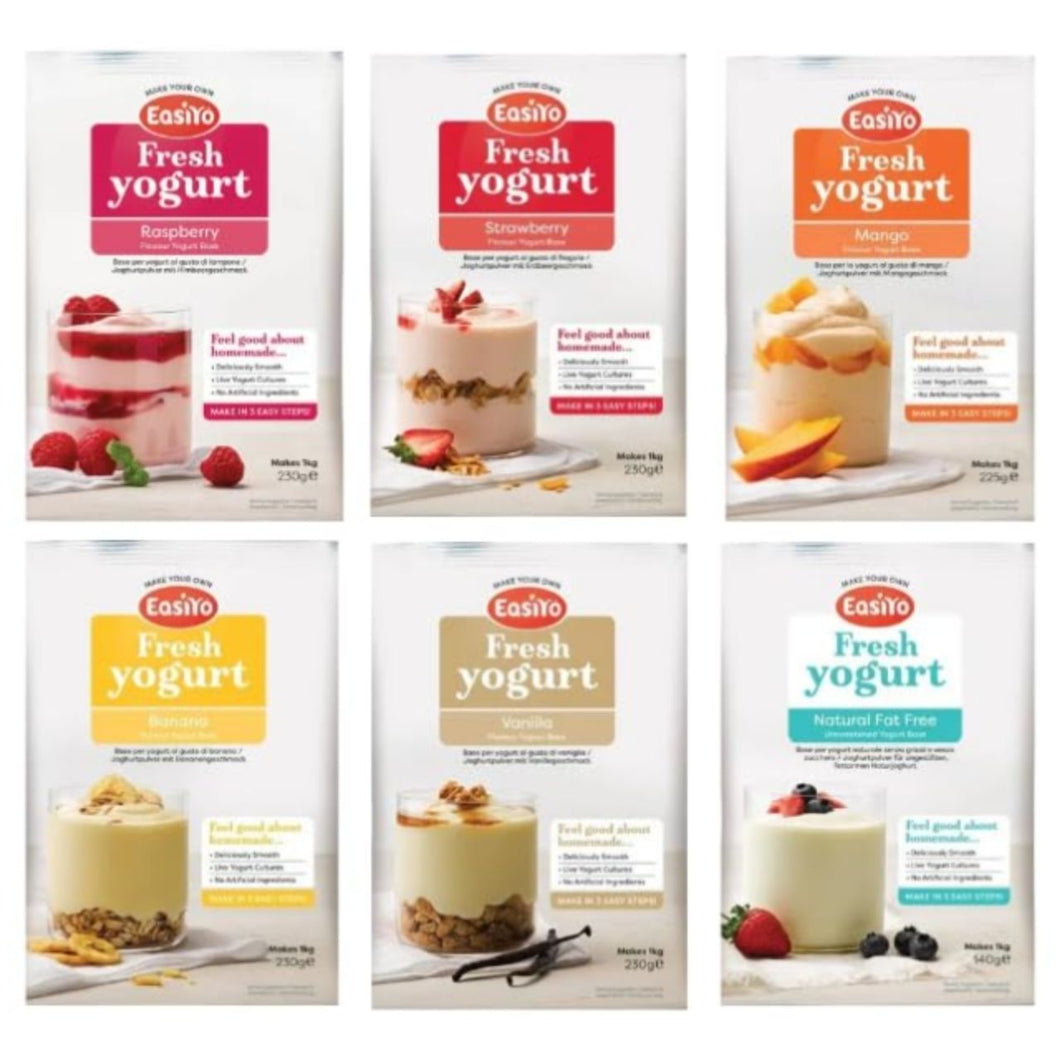 EasiYo Fresh Yogurt Mix, Assorted Flavours - Raspberry, Strawberry, Mango, Banana, Vanilla, Natural Fat Free