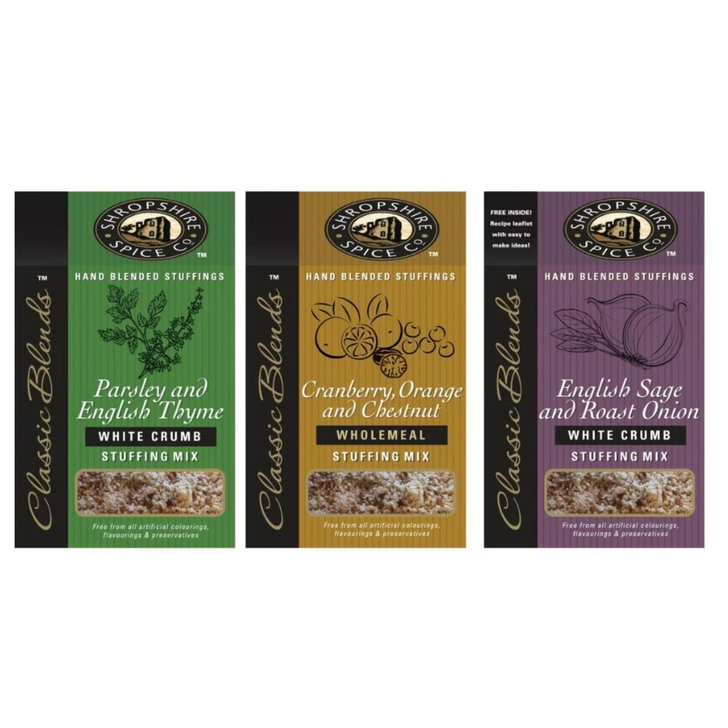 SHROPSHIRE SPICE CO. Cranberry, Orange & Chestnut Wholemeal Stuffing Mix 150g,Parsley & English Thyme White Crumb Stuffing Mix 150g,English Sage & Roast Onion White Crumb Stuffing Mix 150g