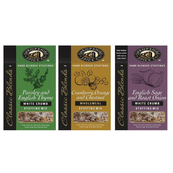 SHROPSHIRE SPICE CO. Cranberry, Orange & Chestnut Wholemeal Stuffing Mix 150g,Parsley & English Thyme White Crumb Stuffing Mix 150g,English Sage & Roast Onion White Crumb Stuffing Mix 150g