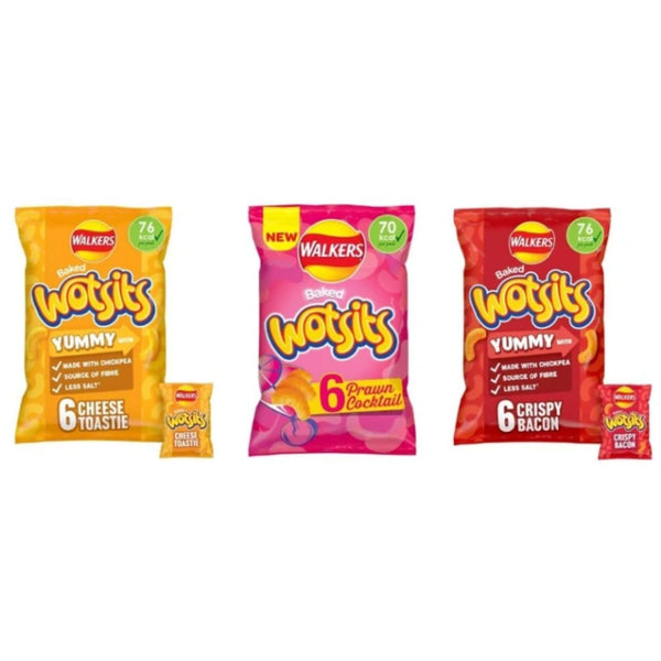 Walkers Baked Wotsits Multipack, 6 Pack, 76 kcal per Portion, Cheese Toastie, Prawn Cocktail, Crispy Bacon
