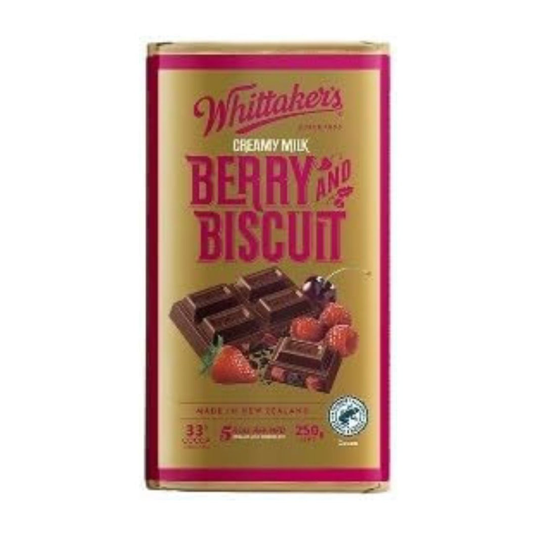 Whittaker's Berry and Biscuit Creamy Milk Chocolate Block, Made in New Zealand, 250g