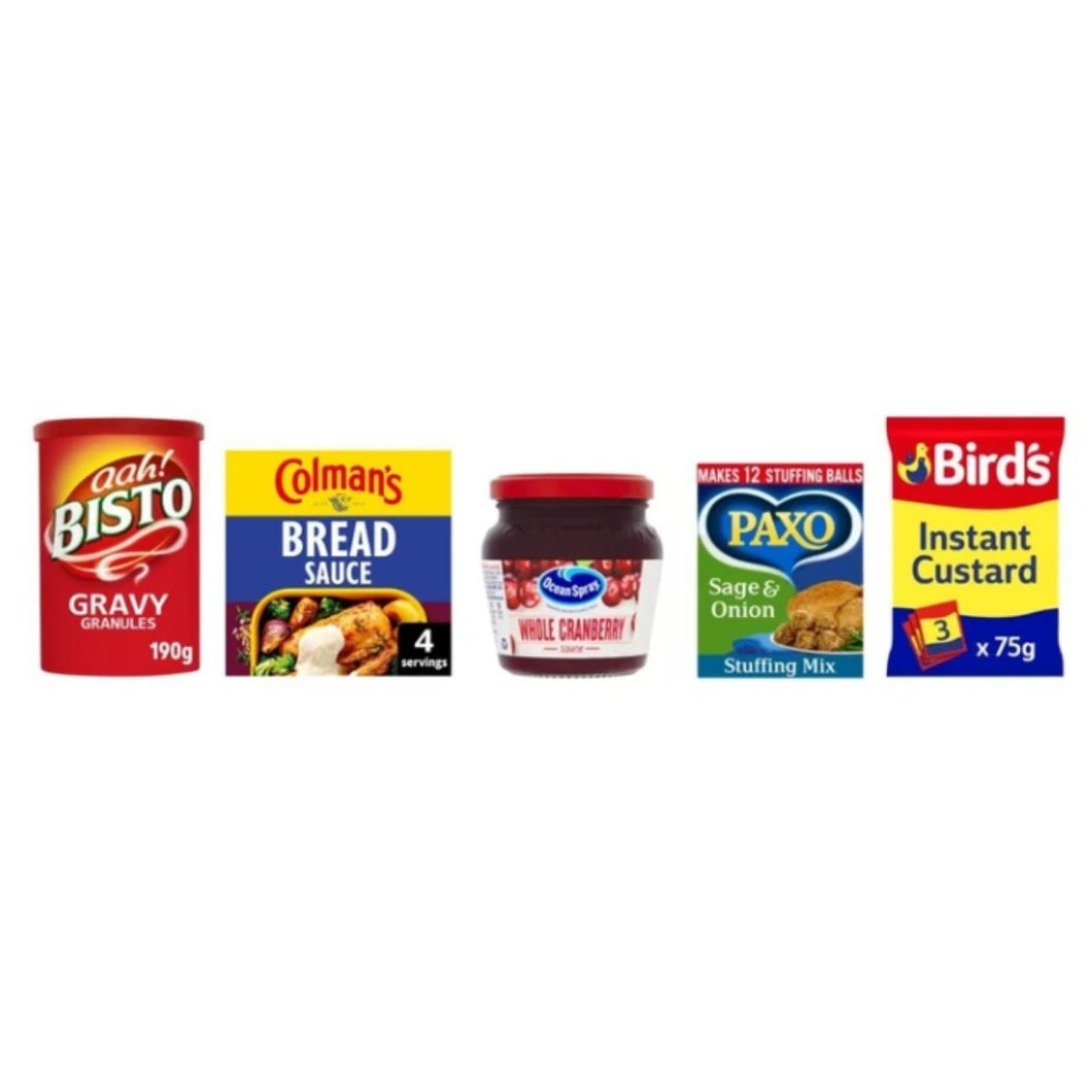 British Christmas Bundle - Bisto Gravy Granules, Colman's Bread Sauce, Ocean Spray Cranberry Sauce, Paxo Stuffing Mix, Bird's Custard, 5 Items
