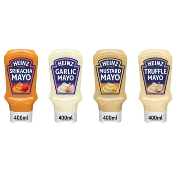 Heinz Mayo Variety Pack, Sriracha, Garlic, Mustard, Truffle Flavours, 400ml Each - (Pack of 4)