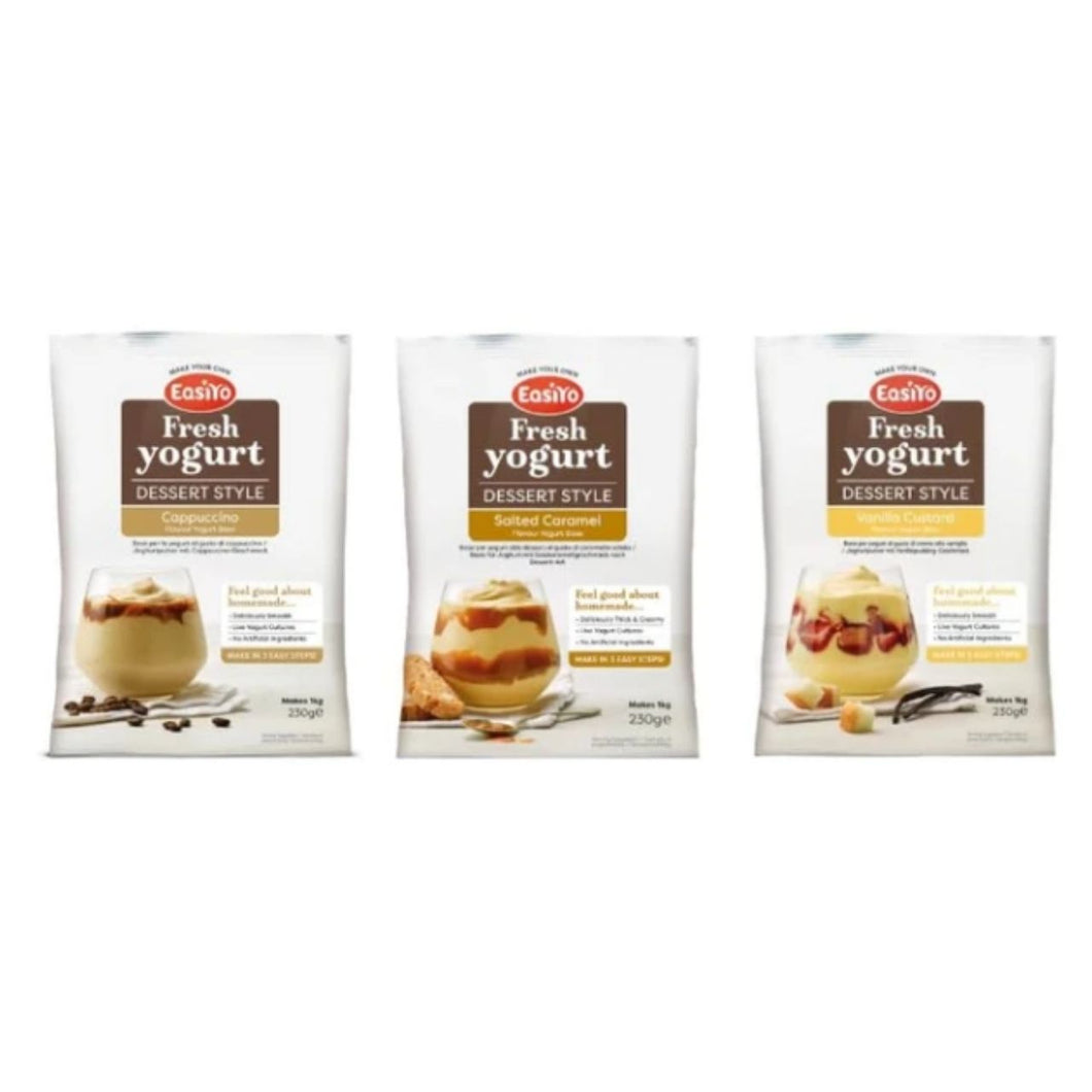 EasiYo Fresh Yogurt Dessert Style, Cappuccino, Salted Caramel & Vanilla Custard