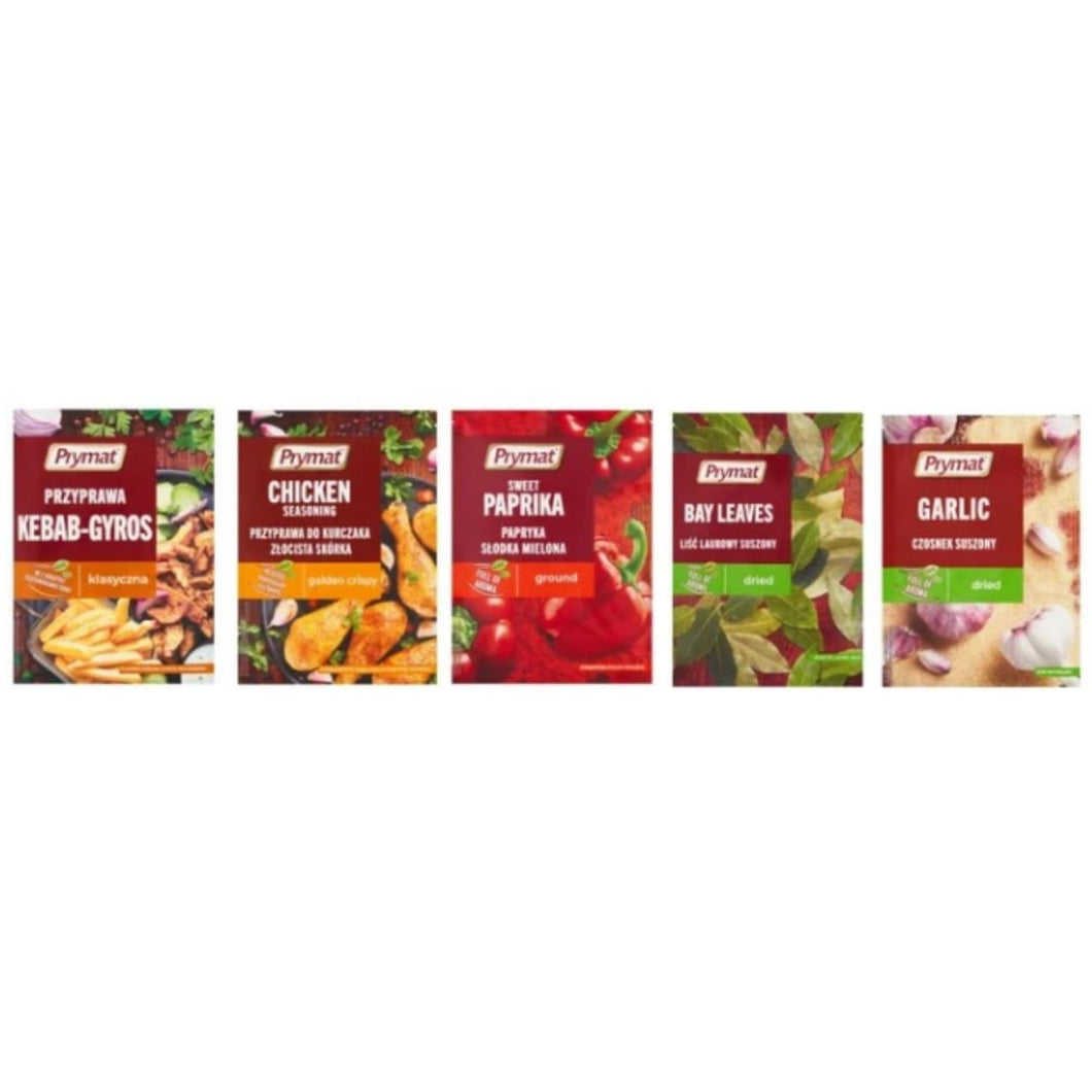 Prymat Seasoning Variety Pack, Kebab-Gyros, Chicken, Sweet Paprika Ground, Bay Leaves Dried, Garlic Dried