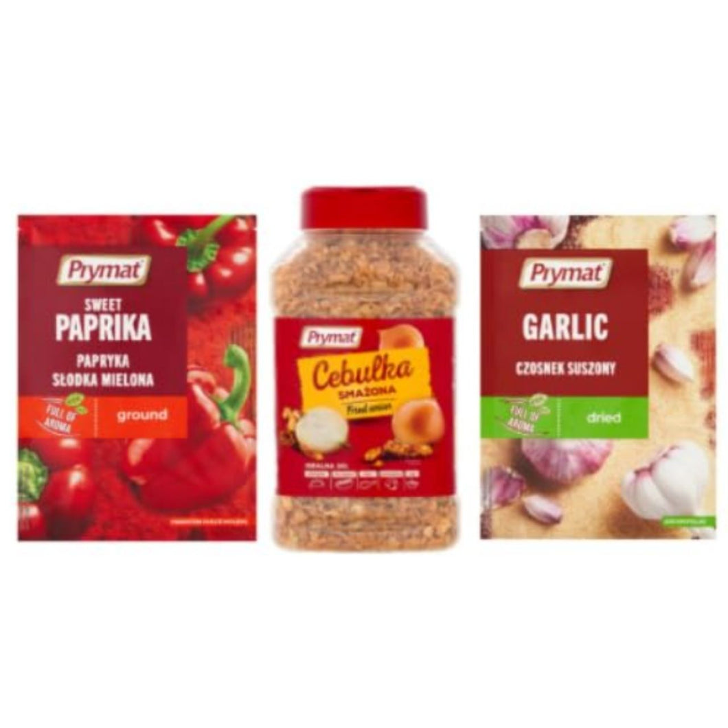 Prymat Sweet Paprika Ground, Fried Onion, and Dried Garlic Spice Set.