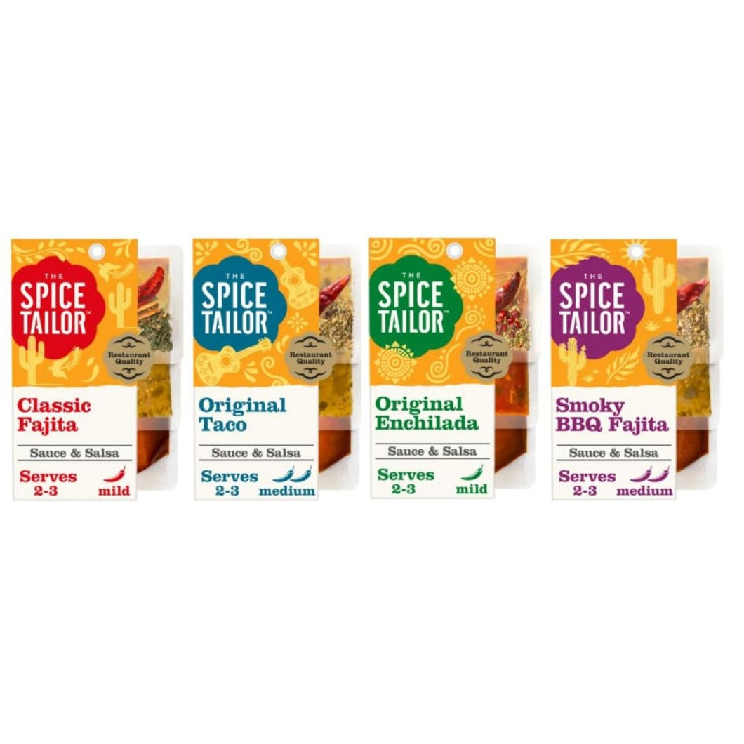 The Spice Tailor Sauce & Salsa Variety Pack, Restaurant Quality, Classic Fajita, Original Taco, Original Enchilada, Smoky BBQ Fajita, Serves 2-3 (Pack of 4)