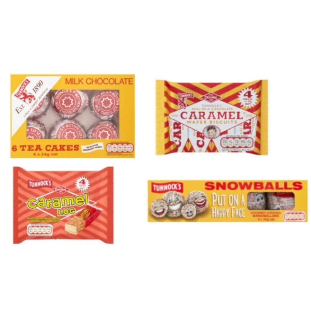 Tunnock's Variety Bundle, Milk Chocolate Tea Cakes, Caramel Wafer Biscuits, Caramel Log, Snowballs