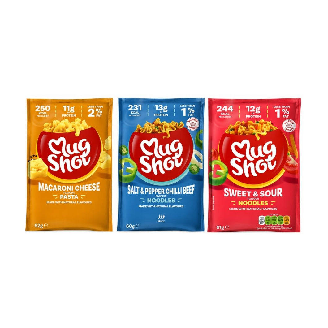 Mug Shot Variety Pack - Macaroni Cheese, Salt & Pepper Chilli Beef, and Sweet Sour