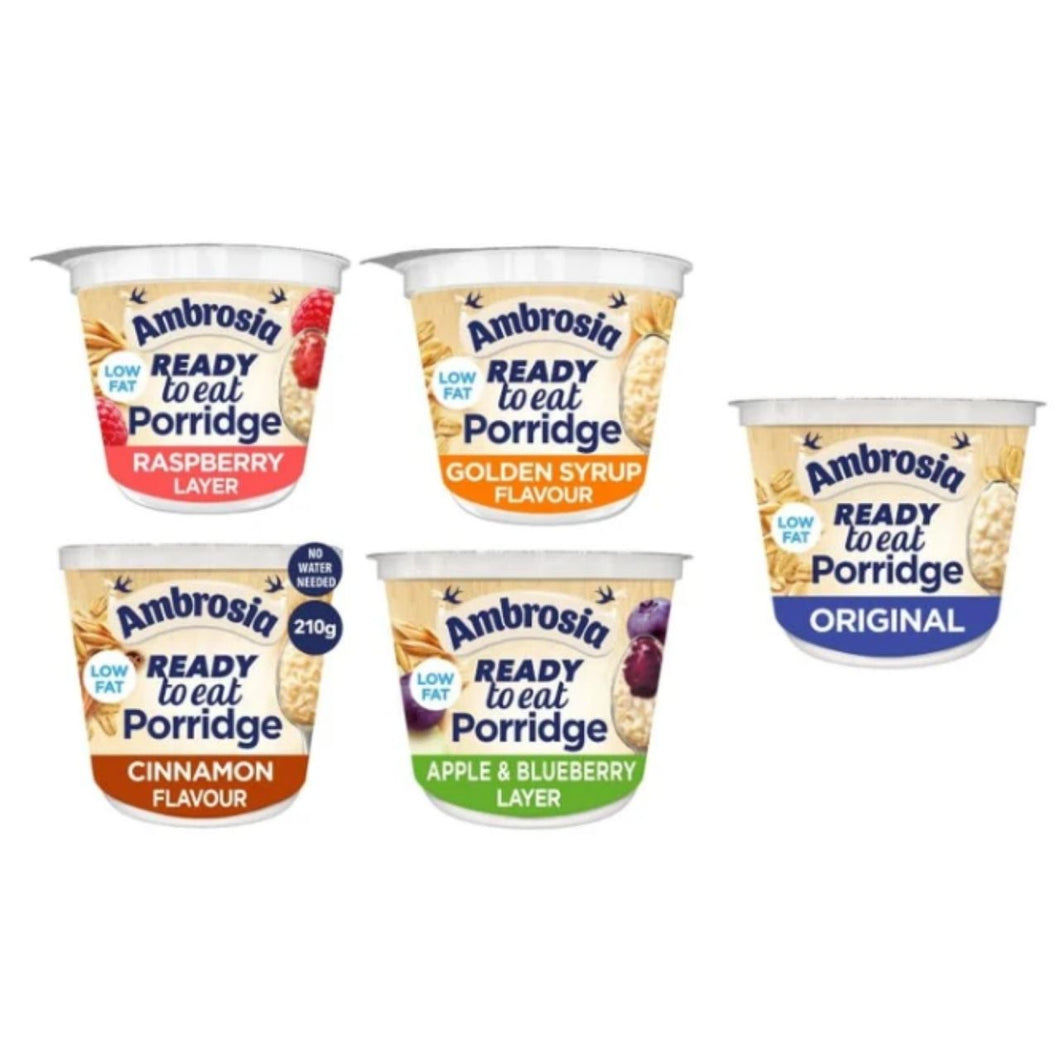 Ambrosia Ready to Eat Porridge, Low Fat, Multiple Flavours, Original, Raspberry Layer, Golden Syrup, Cinnamon, Apple & Blueberry, 210g - (Pack of 5)