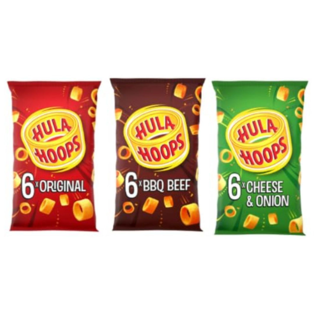 Hula Hoops Crisps Multipack, Original, BBQ Beef & Cheese and Onion Flavours.