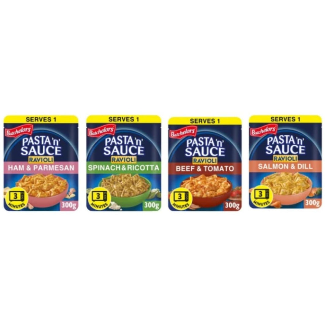 Batchelors Pasta 'n' Sauce Ravioli, Variety Pack, Ham & Parmesan, Spinach & Ricotta, Beef & Tomato, Salmon & Dill, 300g