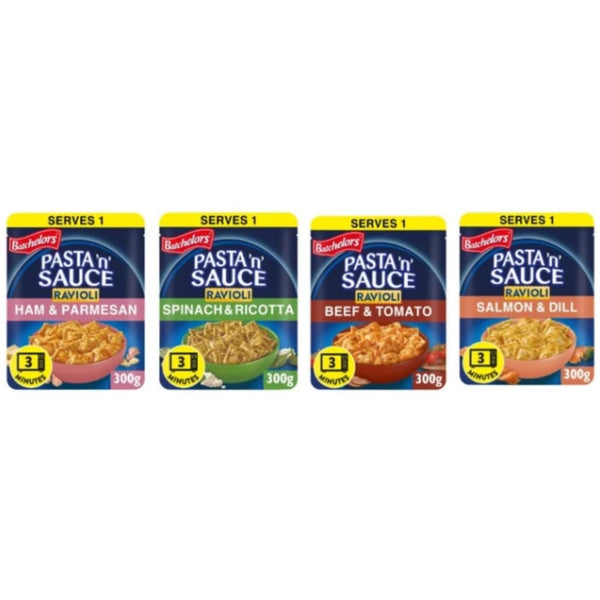 Batchelors Pasta 'n' Sauce Ravioli, Variety Pack, Ham & Parmesan, Spinach & Ricotta, Beef & Tomato, Salmon & Dill, 300g