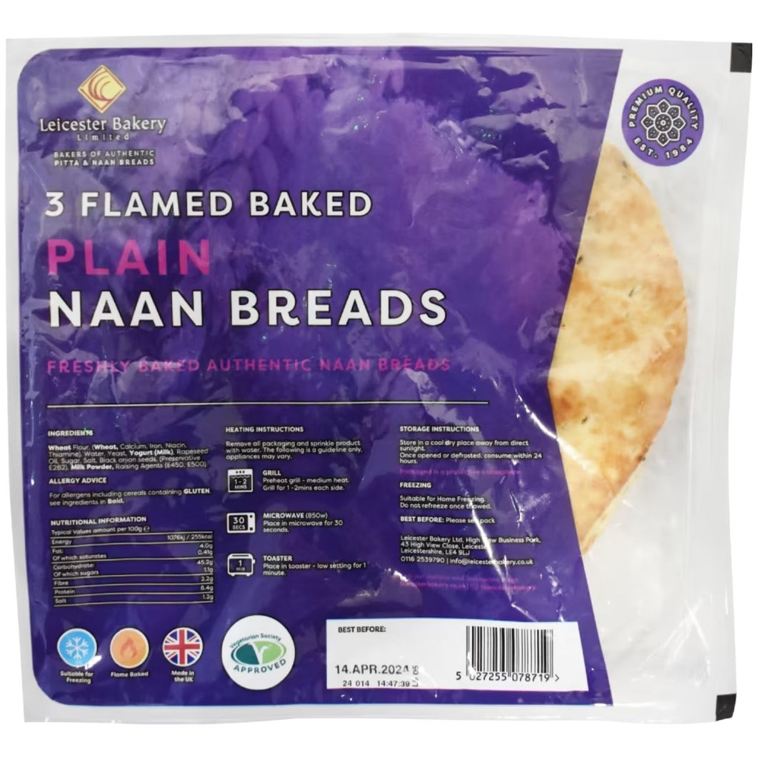 Leicester Bakery 3 Flamed Baked Plain Naan Breads