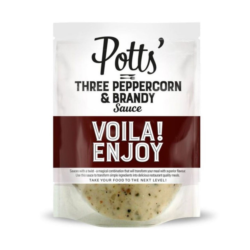 Potts Three Peppercorn & Brandy Pour Over Sauce 250g